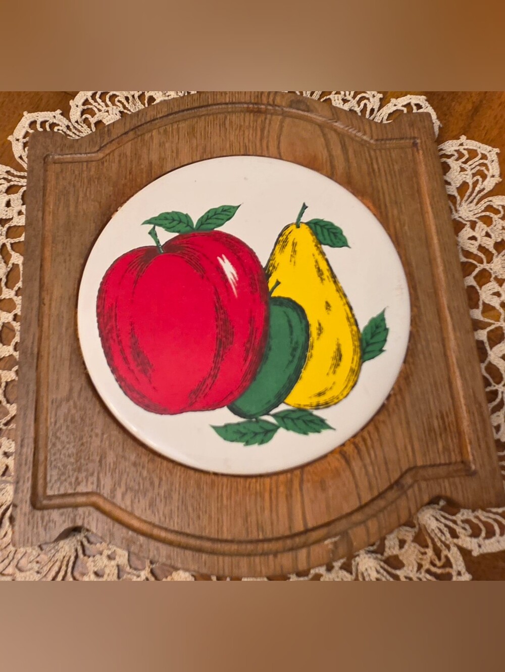 Vintage NASCO Japan Ceramic Fruit Trivet Wood Plaque Apple Pear Retro Kitchen